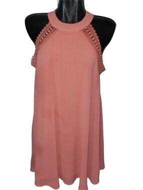 She + Sky Sleeveless Coral Silk Blend Lace-Trim Halter Shift Dress Size L